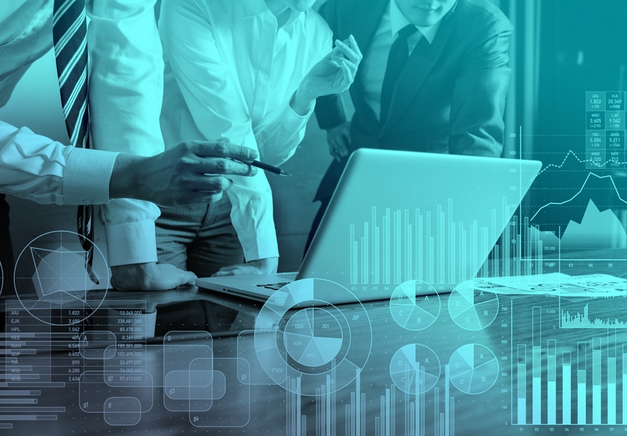 Business professionals reviewing financial performance data